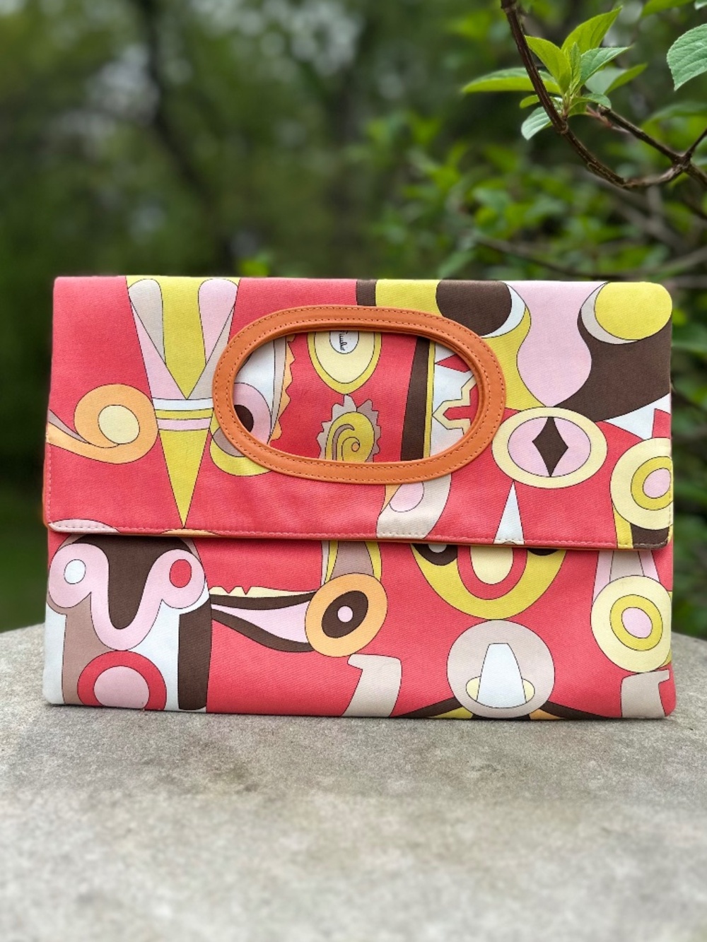 Handbag, Vintage Emilio Pucci Coral Abstract Foldover Bag/Clutch